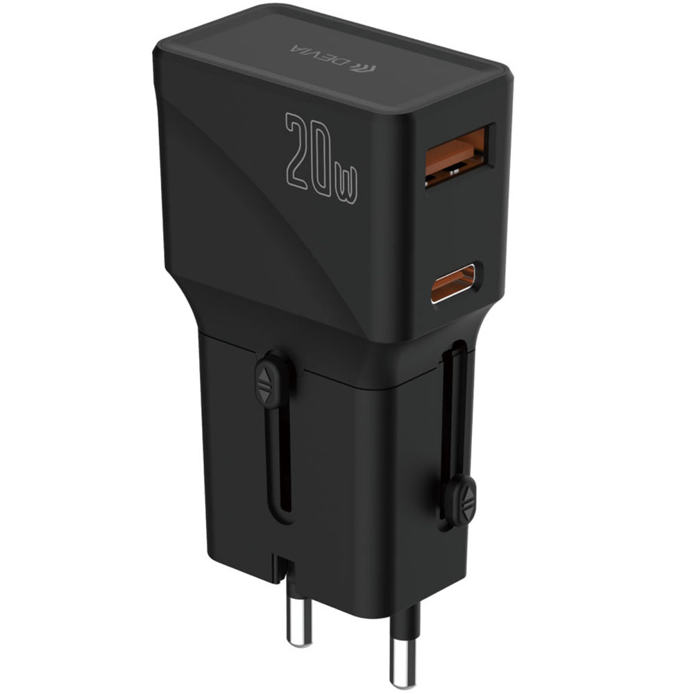 Cargador Devia G520 20W Fuente USB-C/USB-A EU/UK/USA/JP/CN sin Cable - Black