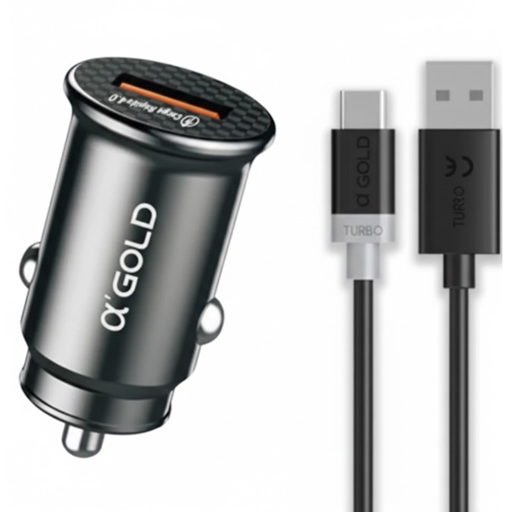 Cargador Vehicular A'Gold CJ04-3 C.Rapida USB-A 20W C/Cable - Black