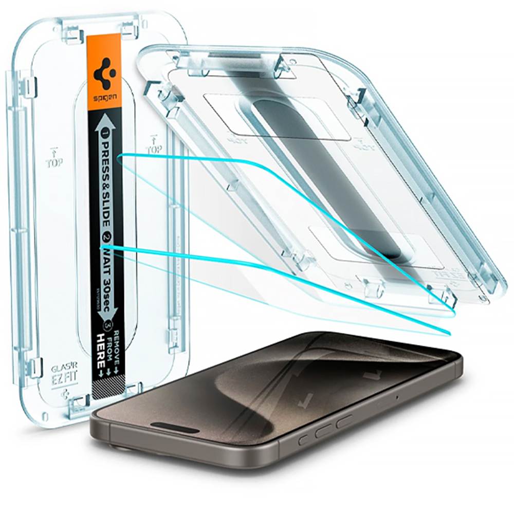Película para iPhone 15 Pro Spigen Glas tR EZ Fit AGL06892 (2 piezas) - Transparente